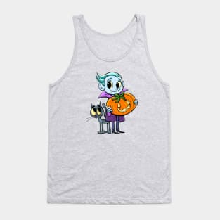 little dracula holds a pumpkin for halloween and the cat flies around his legs Tank Top